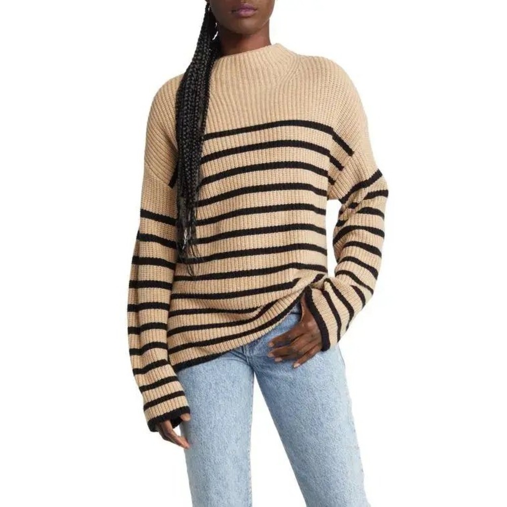 Rails Claudia Stripe Funnel Neck Sweater Camel Ebony Wool‎ Cashmere Small - Picture 2 of 8